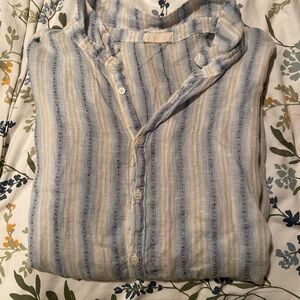CP Shades 100% linen blue/white striped LSLV top, Women’s Large